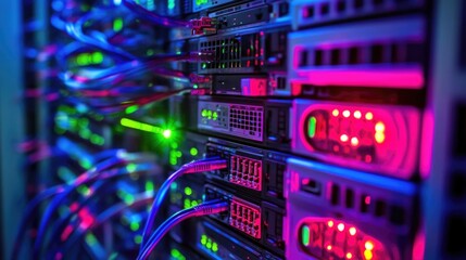 Poster - Close-up view of illuminated server racks with cables and blinking lights in data center