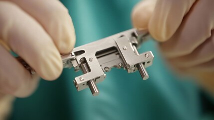 Poster - Gloved Hands Holding Precision Engineered Metal Device