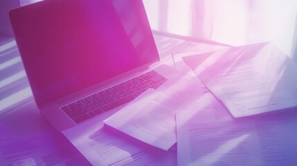 Poster - Laptop Documents Papers Workspace Sunlight Office Work