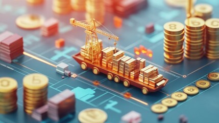 Poster - Golden Crane Loads Containers Onto Truck Representing Global Trade