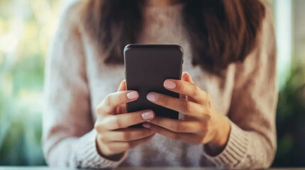 Aufkleber - Woman Using Smartphone Near Window Indoors