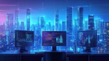 Night Cityscape Viewed From a Desk With Coding Monitors
