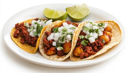 Wall Mural - A plate of spicy chorizo and potato tacos with diced onions, cilantro, and lime wedges on soft corn tortillas