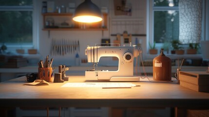 Poster - Sewing Machine On A Wooden Table In A Cozy Workshop
