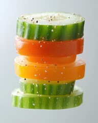 Canvas Print - Vibrant stack of fresh cucumber and orange vegetable slices, seasoned with pepper, levitating against a soft, neutral background. Perfect for healthy eating, food blogs, and culinary themes.