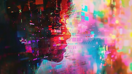 Poster - This vibrant abstract digital animation features a colorful face profile, blending technology and art to create a unique visual experience full of imagination.