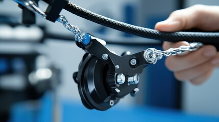 Poster - Closeup of a robotic arm mechanism with chain and cable
