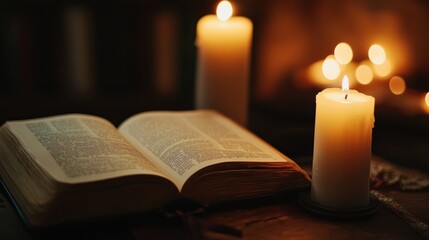 Poster - Open Bible Illuminated By Candles Glowing In Darkness