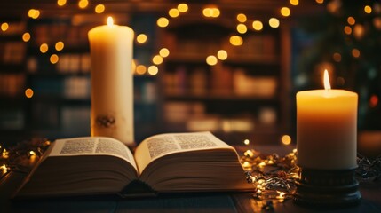 Poster - Open book with burning candles and fairy lights