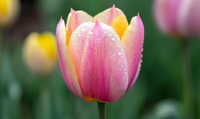 Wall Mural - Close up view of a pink and yellow tulip adorned with water droplets after a refreshing rain