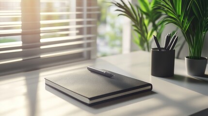 Poster - Sunlit Desk Features Notebook Pen And Plants
