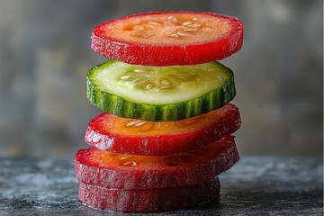 Canvas Print - Vibrant stack of sliced radish and cucumber,  levitating, healthy food concept.