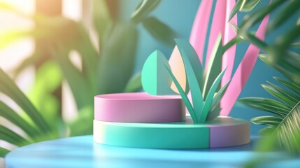 Poster - Pastel Cylinders and Tropical Leaves Display