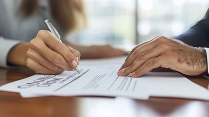 Poster - Woman and man signing important legal document together