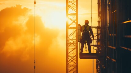 Poster - Construction Worker Silhouette at Sunset on High Rise Building
