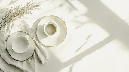 Wall Mural - A clean set of artisan dishware styled for rental services in a minimalist setup. picture