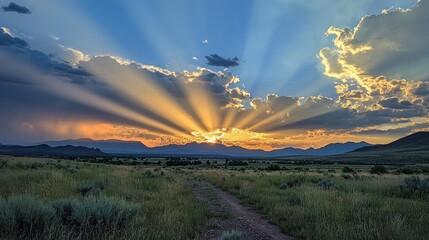 Aufkleber - Brilliant sun rays cascade through fluffy clouds, casting a warm glow on the lush grassland, revealing the beauty of nature at twilight. The horizon fades into shades of gold and orange