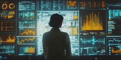 Poster - Financial analyst reviewing inflation data on a digital platform, with clear visualizations of historical trends in a modern interface.