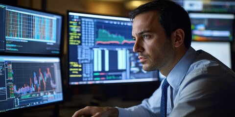 Poster - Financial analyst assessing fraud prevention data on a  ecure digital interface with comprehensive features.