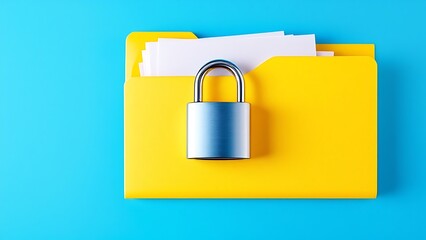 A solitary file folder with a prominent padlock secured on a bright blue background, symbolizing data protection, privacy, and secure information storage.