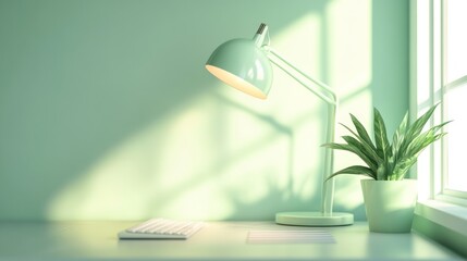Aufkleber - Minimalist Green Desk Setup With Lamp And Plant