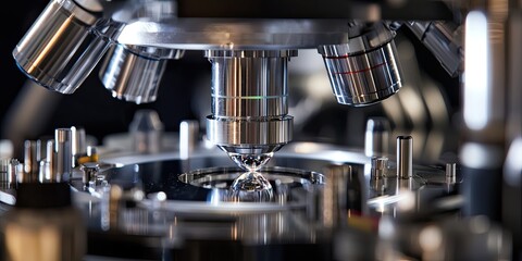 Poster - an advanced microscope, with lenses reflecting focused light, ready for a groundbreaking experiment.