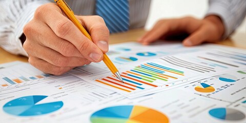 Poster - Business professionals strategizing for growth in a modern office with digital presentations, charts, and data analysis tools.