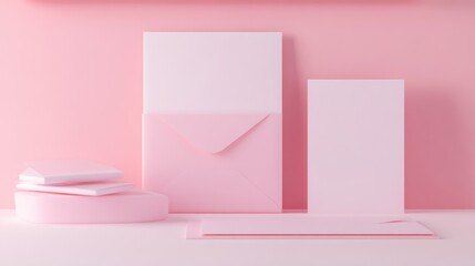 Poster - Pink Envelopes Cards and Geometric Shapes Minimalist Scene