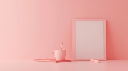 Poster - Pink Minimalist Desk Setup With Frame And Mug
