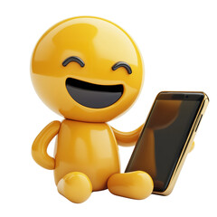 Poster - A cheerful 3D rendered yellow emoticon sits holding a gold smartphone, conveying a sense of digital connectivity and joy.