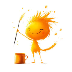 Aufkleber - A cheerful yellow creature joyfully paints with a brush near an orange mug.