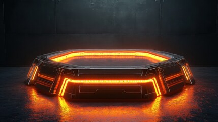 Poster - Futuristic Octagonal Platform with Neon Lights in Dark Environment