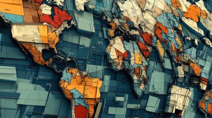 Poster - Abstract World Map Artistic Cubist Style Design