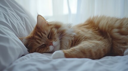 Poster - Serene close-up of an orange tabby cat relaxing on a soft white bed in a sunlit bedroom, showcasing its long fur and peaceful expression, with soft shadows and cozy ambiance.