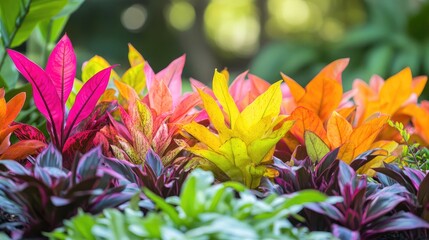 Aufkleber - Lush vibrant garden foliage thriving under sunlight showcasing a spectrum of colors and textures in a serene outdoor setting.