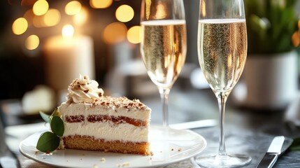 Aufkleber - Elegant composition of two sparkling champagne glasses beside a slice of creamy cake adorned with nuts and greenery on a festive table setting with warm bokeh lights.