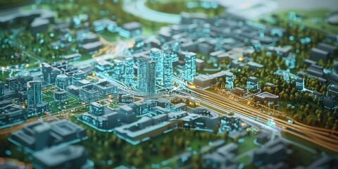 Poster - a futuristic interface displaying advanced city technologies, with interactive layouts, real-time data, and sleek, modern design.