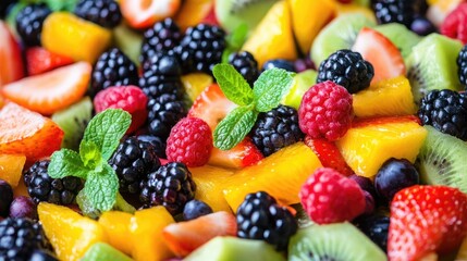 Aufkleber - Fresh and Colorful Fruit Salad with Mixed Berries and Mint Garnish on Decorative Platter