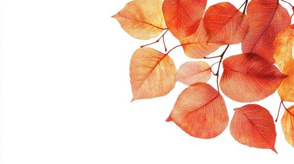 Poster - Colorful Autumn Foliage in Shades of Red and Orange on Minimalist White Background with Delicate Leaf Details for Seasonal Decor or Design