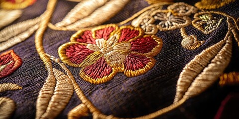 Aufkleber - Macro shot of vintage embroidery with fine threads and rich textures, ideal for creating an elegant, old-world atmosphere.