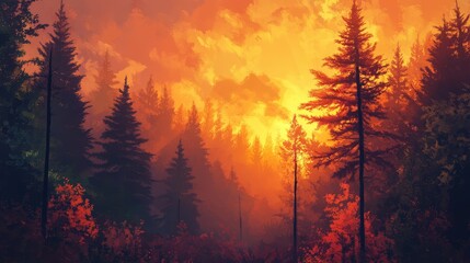 Aufkleber - Dramatic autumn forest landscape with vibrant orange and red foliage, dense pine trees silhouetted against a glowing sunset sky.