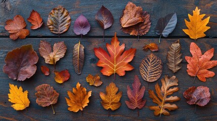 Poster - Assorted autumn leaves in rich shades of orange red and brown arranged on a rustic dark wooden surface highlighting diverse shapes and textures