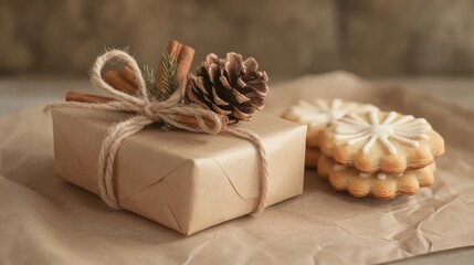 Aufkleber - Minimalistic Christmas composition featuring handmade biscuits and a beautifully wrapped present with pine cone and cinnamon accents