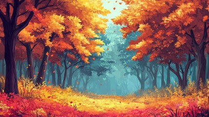 Poster - Serene Autumn Forest Pathway Surrounded by Brilliant Orange and Yellow Foliage with Soft Blue Background Light and Gentle Floating Leaves