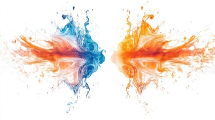 Fototapete - Vibrant orange and blue abstract paint splashes converging on a white background showcasing dynamic fluid art and colorful artistic expression.
