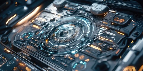 Fototapete - a high-tech urban planning interface, featuring robotic elements, advanced AI systems, and a sleek design in a futuristic setting.