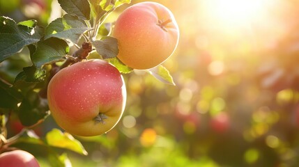 Poster - Apples ripe on tree branches illuminated by warm sunlight in a lush orchard ambiance during late afternoon.