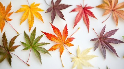 Poster - Close up of vibrant autumn maple leaves in shades of red orange yellow and green arranged on a white background for seasonal decor and nature projects