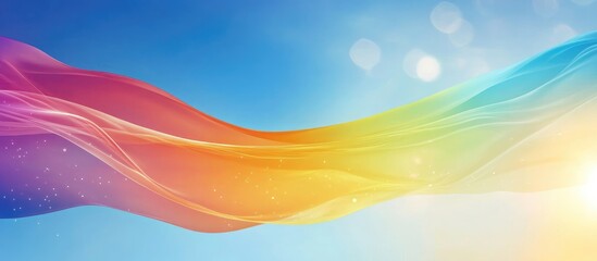 Leinwandbilder - Vibrant rainbow flag gracefully waving against a clear blue sky with soft bokeh highlights creating an uplifting and colorful backdrop.