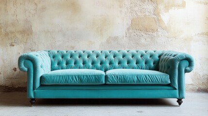 Poster - Turquoise tufted sofa with soft cushions set against a textured wall for stylish interior design inspiration